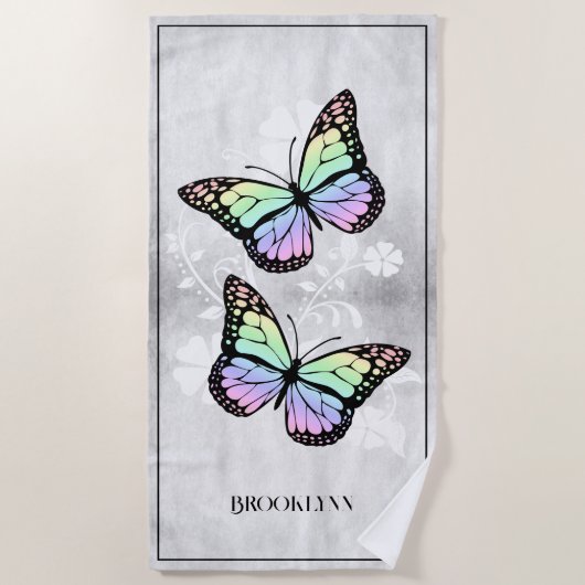Rainbow Butterfly Floral Beach Towel Strandlaken (Voorkant)