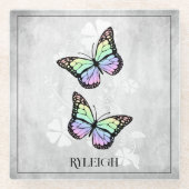 Rainbow Butterfly Floral, gepersonaliseerd Glazen Onderzetter (Voorkant)