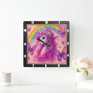 Rainbow Butterfly Magical Unicorn Vierkante Klok