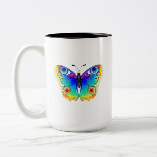 Rainbow Butterfly Peacock Eye Tweekleurige Koffiemok (Links)