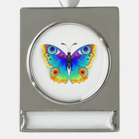 Rainbow Butterfly Peacock Eye Verzilverd Banner Ornament (Voorkant)