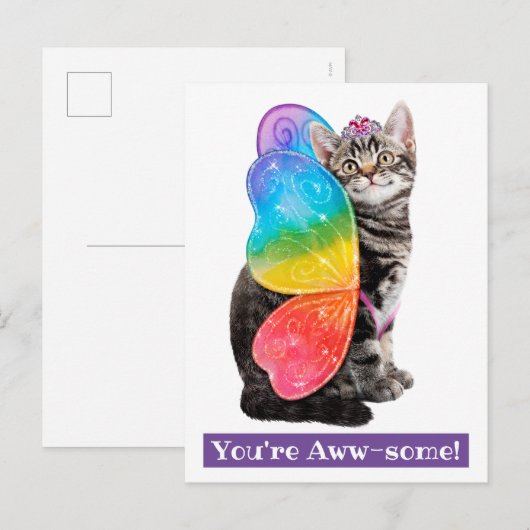 Rainbow Butterfly Princess Kitten Uitnodiging Briefkaart (Voorkant / Achterkant)