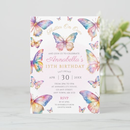 Rainbow Butterfly Verjaardagsfeestuitnodiging Kaart (Staand voorkant)
