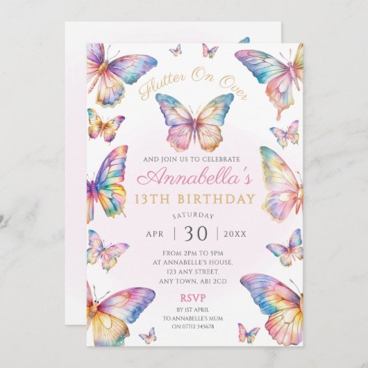 Rainbow Butterfly Verjaardagsfeestuitnodiging Kaart (Voorkant / Achterkant)