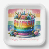 Rainbow Cake Happy Birthday Party Gepersonaliseerd Papieren Bordje (Voorkant)