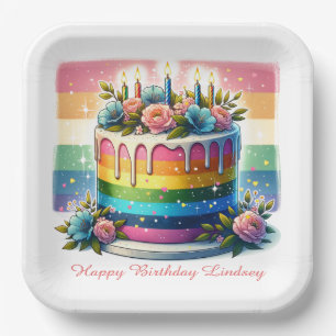 Rainbow Cake Happy Birthday Party Gepersonaliseerd Papieren Bordje