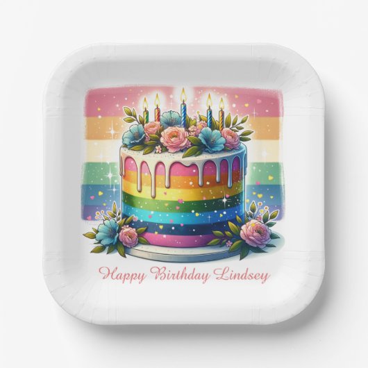 Rainbow Cake Happy Birthday Party Gepersonaliseerd Papieren Bordje (Voorkant)
