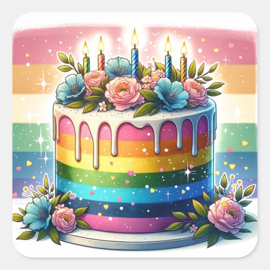 Rainbow Cake Happy Birthday Vierkante Sticker (Voorkant)
