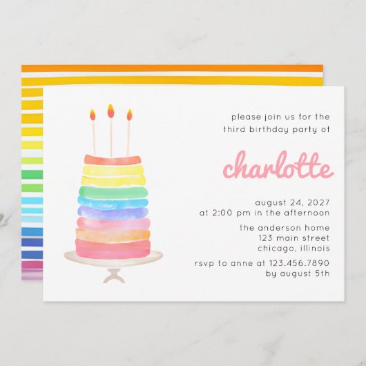 Rainbow Cake Kids Verjaardagsfeest Kaart (Voorkant / Achterkant)