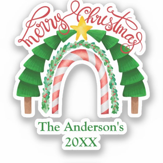 Rainbow Candy Cane Red Green Kerstbomen Sticker (Voorkant)