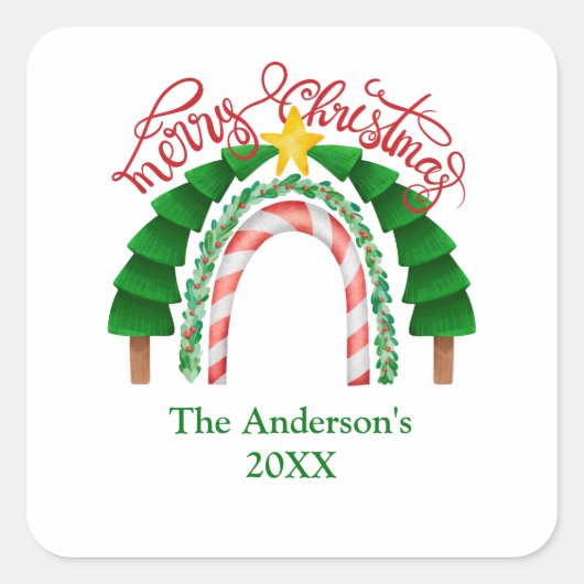 Rainbow Candy Cane Red Green Kerstbomen Vierkante Sticker (Voorkant)