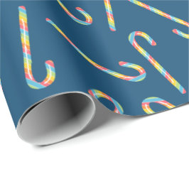 Rainbow Candy Canes Dark Blue Kerstmis Cadeaupapier