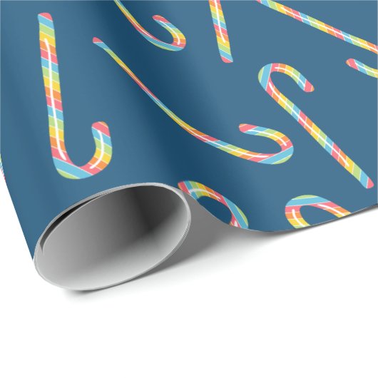 Rainbow Candy Canes Dark Blue Kerstmis Cadeaupapier (Rol Hoek)
