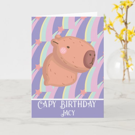 Rainbow Capybara Birthday Cute Kaart (Gele Bloem)