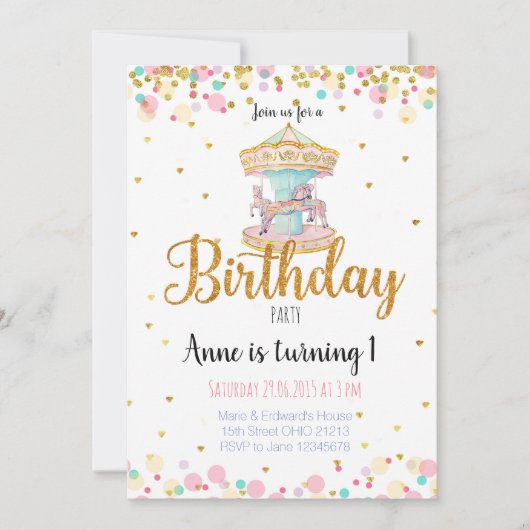 Rainbow Carousel Birthday Uitnodiging (Voorkant)