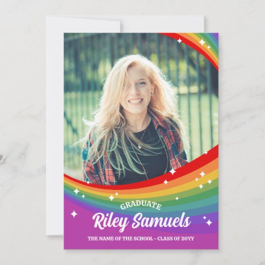 Rainbow Cartoon Sparkles Foto Afstuderen Kaart (Voorkant)