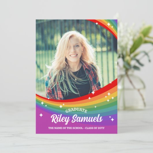 Rainbow Cartoon Sparkles Foto Afstuderen Kaart (Staand voorkant)
