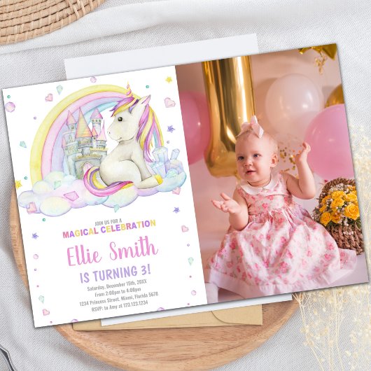 Rainbow Castile Unicorn Invitations met foto Kaart