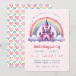 Rainbow Castle Girls Verjaardagsfeestje Uitnodigin Kaart