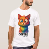 Rainbow Cat Coffee First Funny Art T-shirt (Voorkant)