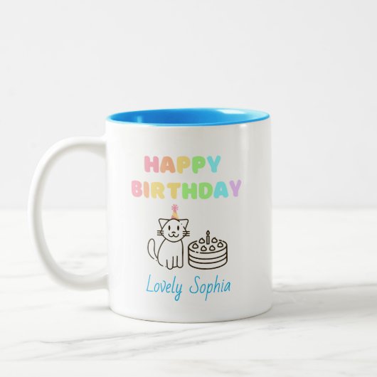 Rainbow&Cat Happy Birthday Two-Tone Coffee Mok (Links)