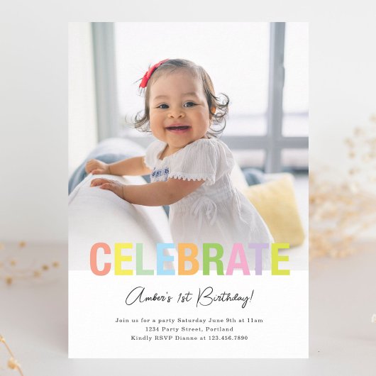 Rainbow Celebrate Photo Birthday Party Invite Kaart