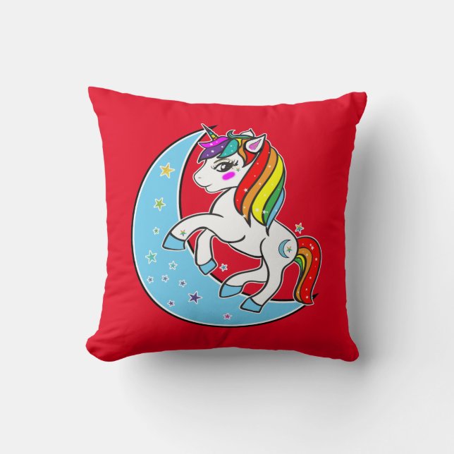 Rainbow Celestial Blue Moon & Stars Unicorn Kussen (Voorkant)