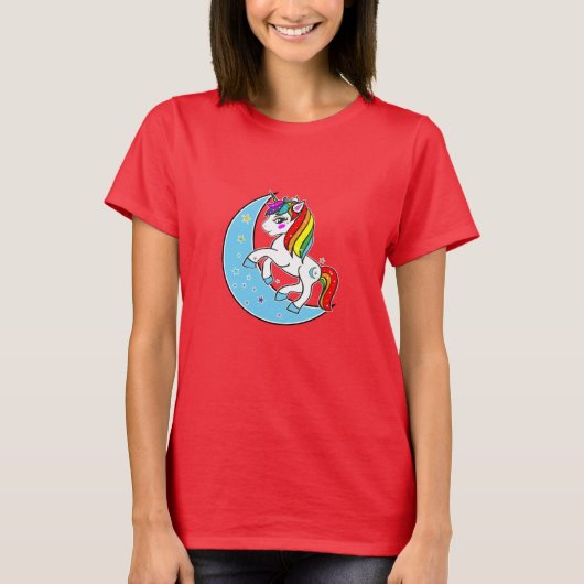 Rainbow Celestial Blue Moon & Stars Unicorn T-shirt (Voorkant)