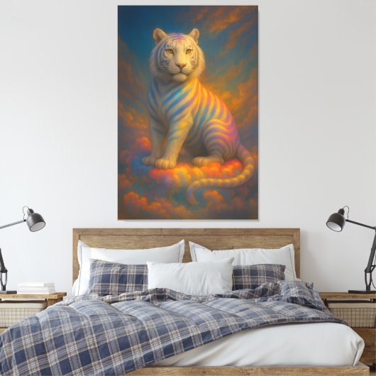 Rainbow Celestial White Tiger – Divine Cloudlight Canvas Afdruk (Insitu (Slaapkamer))