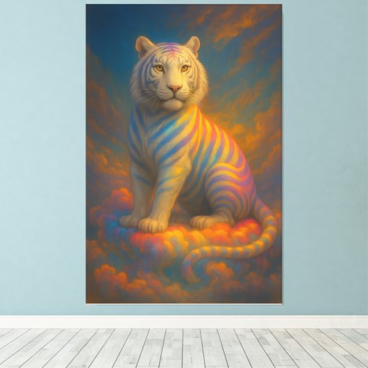 Rainbow Celestial White Tiger – Divine Cloudlight Canvas Afdruk (Insitu (Houten vloer))