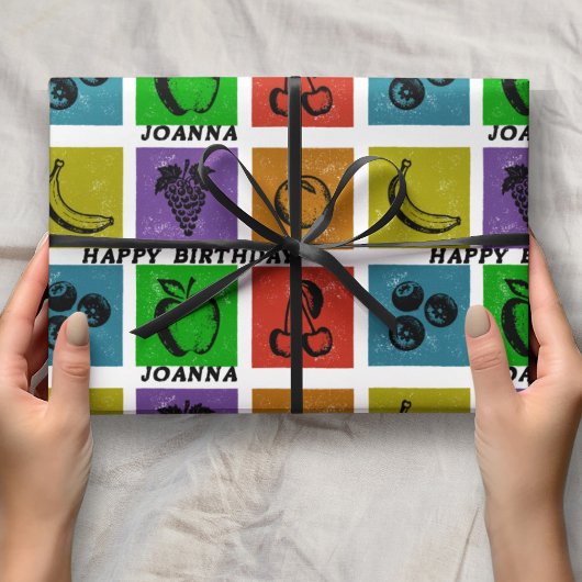 Rainbow Checker Fruit Stamps Happy Birthday Name  Cadeaupapier