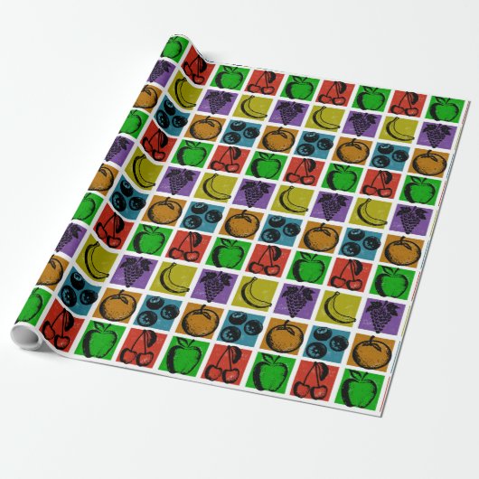 Rainbow Checker Fruit Stamps Wrapping Paper Cadeaupapier (Uitgerold)