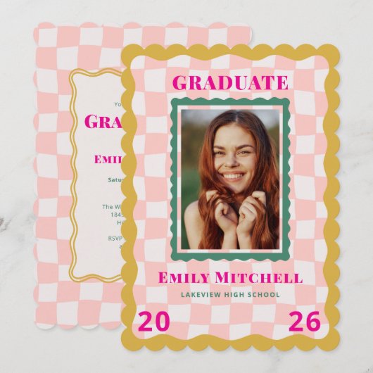Rainbow Checkered Grad Invitation with Photo Kaart (Voorkant / Achterkant)