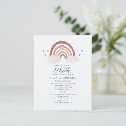 Rainbow Chic Boho Waterverf Script Baby shower Uitnodiging Briefkaart (Staand voorkant)