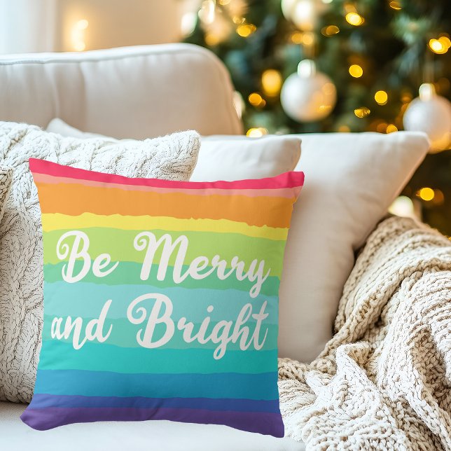 Rainbow Christmas Be Merry en Bright Kussen (Creator heeft geüpload)