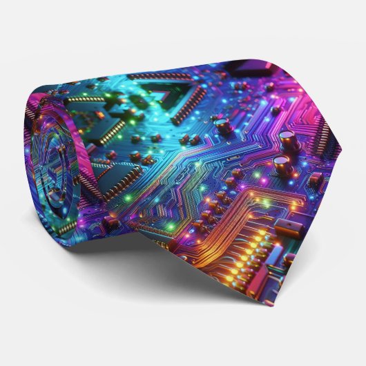 Rainbow Circuit Board Necktie – Colorful Tech Geek Stropdas (Opgerold)