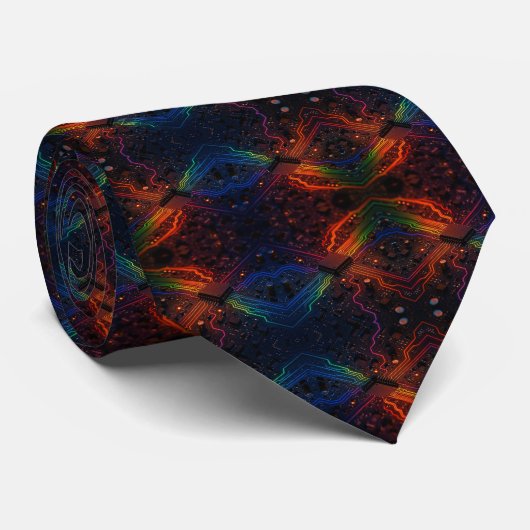 Rainbow Circuit Board Necktie – Colorful Tech Geek Stropdas (Opgerold)