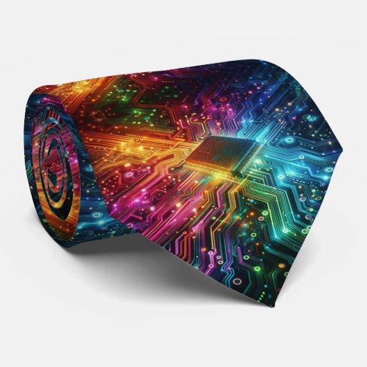 Rainbow Circuit Board Necktie – Colorful Tech Geek Stropdas (Opgerold)