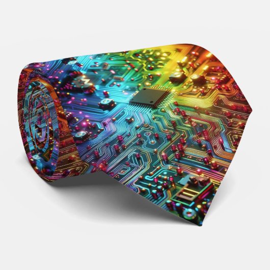 Rainbow Circuit Board Necktie – Colorful Tech Geek Stropdas (Opgerold)
