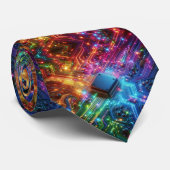 Rainbow Circuit Board Necktie – Colorful Tech Geek Stropdas (Opgerold)