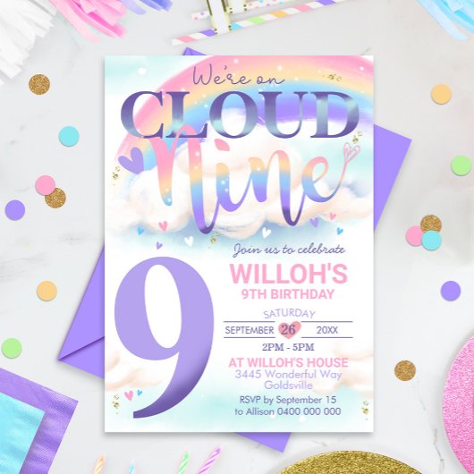 Rainbow Cloud 9 Uitnodiging Waterverf