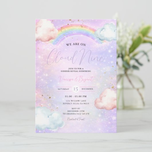 Rainbow Cloud Blush Gender Reveal Glitter Kaart (Staand voorkant)