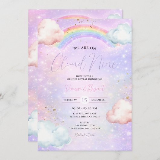 Rainbow Cloud Blush Gender Reveal Glitter Kaart (Voorkant / Achterkant)