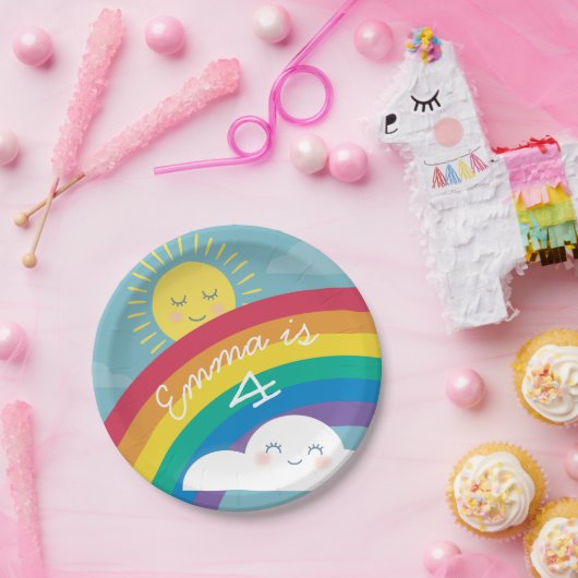 Rainbow Cloud en Sun Birthday Borden Papieren Bordje (Feest)