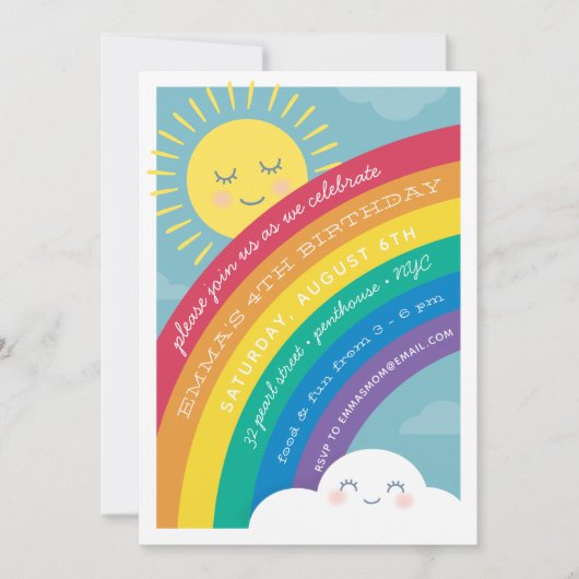 Rainbow Cloud en Sun Birthday Invitation Kaart (Voorkant)