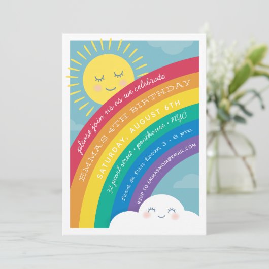 Rainbow Cloud en Sun Birthday Invitation Kaart (Staand voorkant)