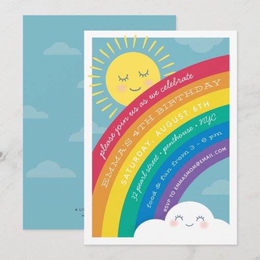 Rainbow Cloud en Sun Birthday Invitation Kaart (Voorkant / Achterkant)