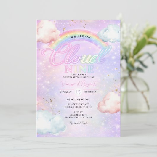 Rainbow Cloud Galaxy Glitter Gender Reveal Kaart (Staand voorkant)