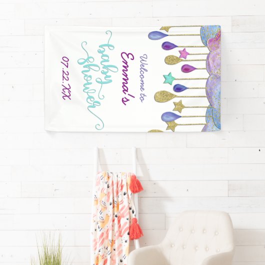 Rainbow Cloud Gold Glitter Baby shower Welkom Spandoek (Insitu)