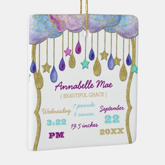 Rainbow Cloud Gold Glitter Baby Stats Keepsake Keramisch Ornament (Rechts)